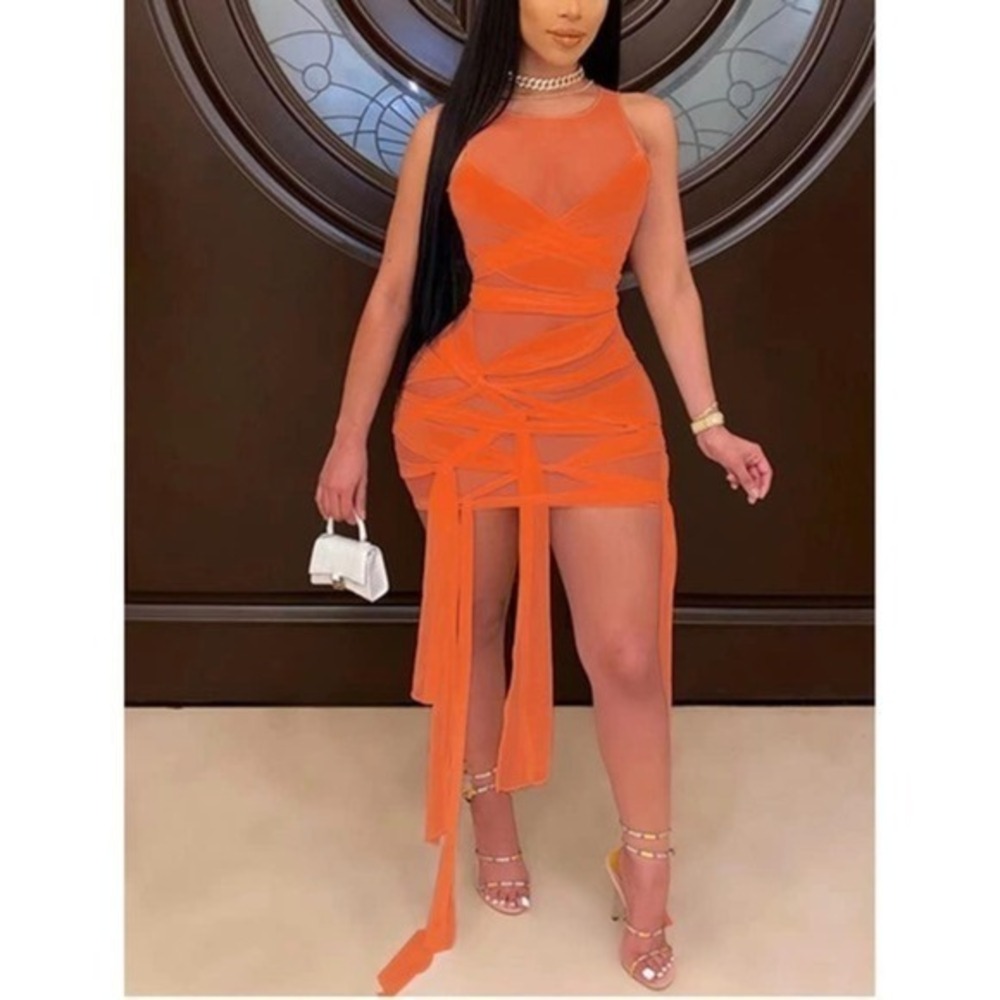 Micas Sheer Mesh Wrap Tie Ribbon Mini Dress orange plus size XXL